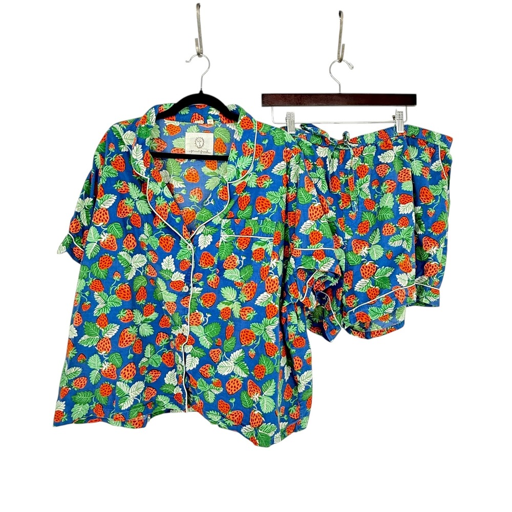Printfresh Strawberry Pajama Set Blue Organic Cotton Shorts Top Plus Size 3X